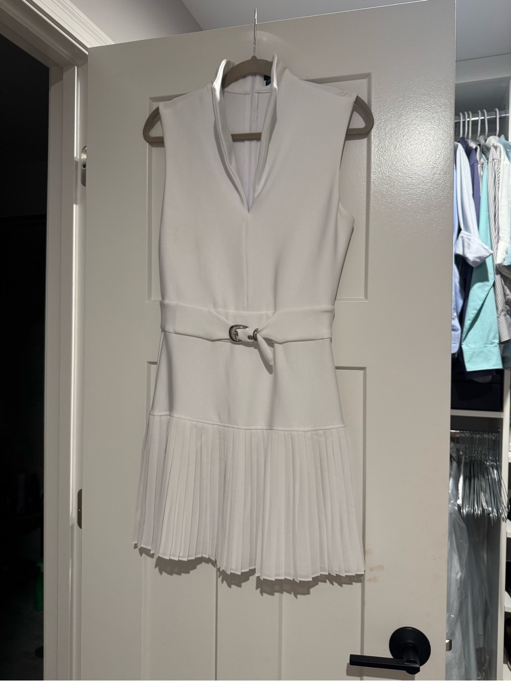Carbon38 White Sleeveless Pleated Belted Mini Dress